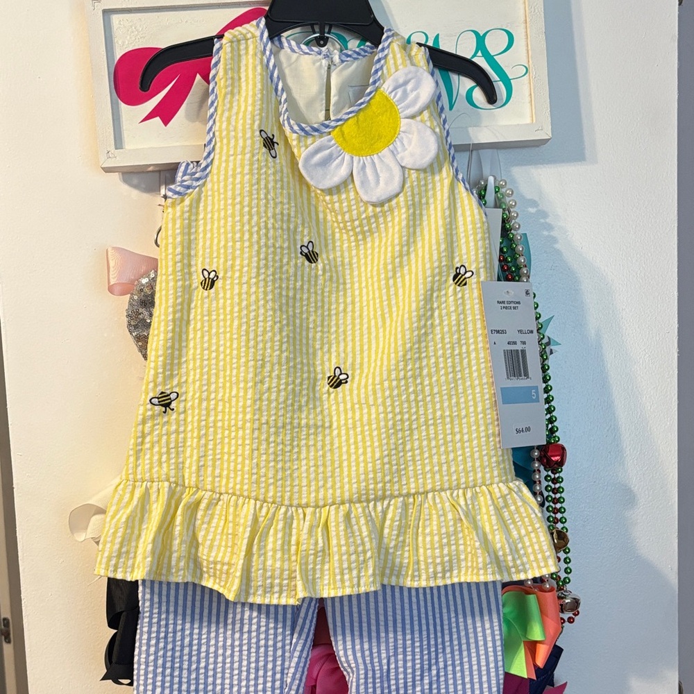 Rare Editions Yellow and White Striped Bee Dress with Flower Detail